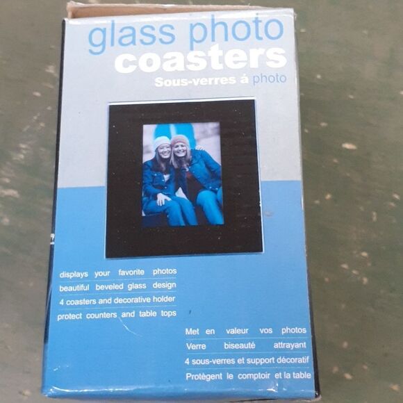 Glass Photo Coasters Set of 4 with Solid Wood Holder NIB - Picture 2 of 7